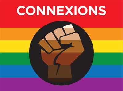 Connexions banner on pride flag with fist in middle