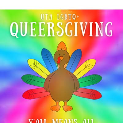 "QUEERSGIVING" with a pride turkey on a colorful background