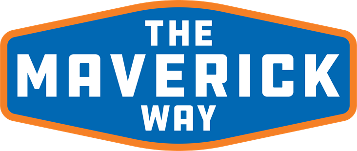 The maverick way blue and orange logo