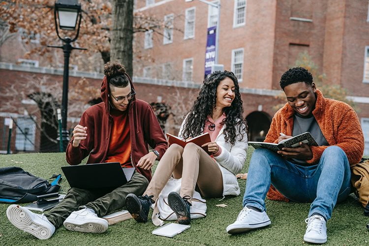 students reading in the grass