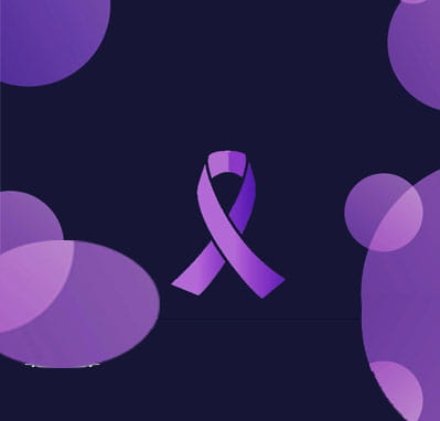 Purple ribbon surrounded by purple bubbles.