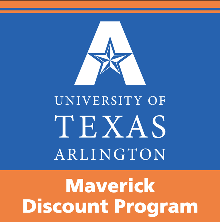 U T A logo on blue background with white text reading "Maverick Discount Program" on orange background.