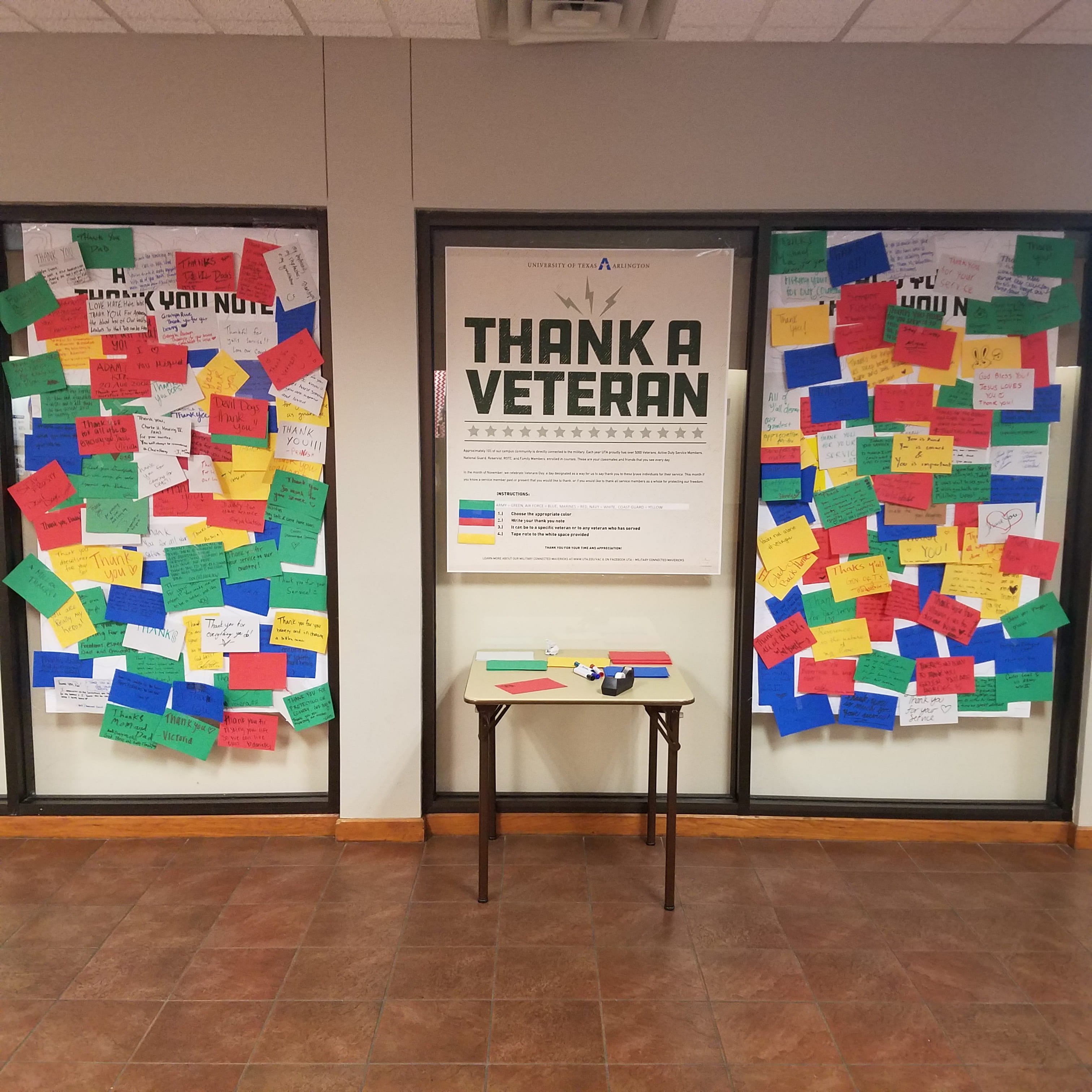 Bulletin boards with post it notes of many colors labeled 'thank a veteran'
