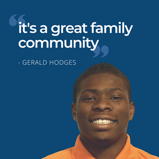 Graphic of Gerald Hodges with quote saying "it's a great family community"